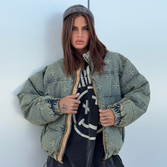 Damen lässige Steppjacke im Vintage-Stil mit hohem Kragen Fudus