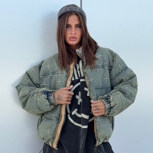 Damen lässige Steppjacke im Vintage-Stil mit hohem Kragen Fudus