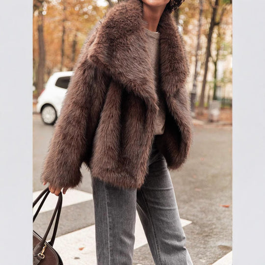 Damen Kunstfelljacke mit breitem Kragen und luxuriösem Schnitt Fudus