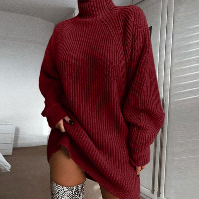 Damen Grobstrickpullover mit hohem Kragen und asymmetrischem Saum Fudus