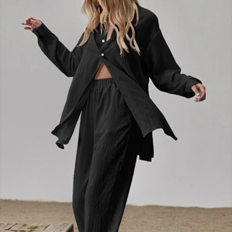 Damen Satin Pyjama Set mit langärmliger Bluse und weiten Hosen Fudus