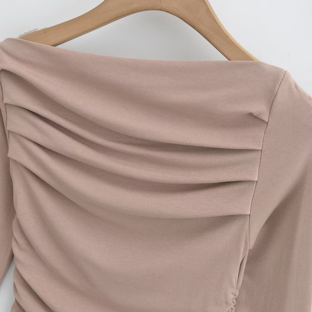 Damen langärmliges Oberteil mit gerafftem Design und asymmetrischem Ausschnitt Fudus