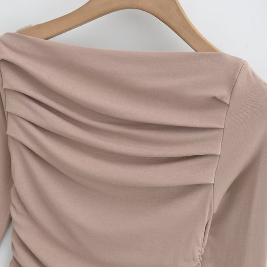 Damen langärmliges Oberteil mit gerafftem Design und asymmetrischem Ausschnitt Fudus