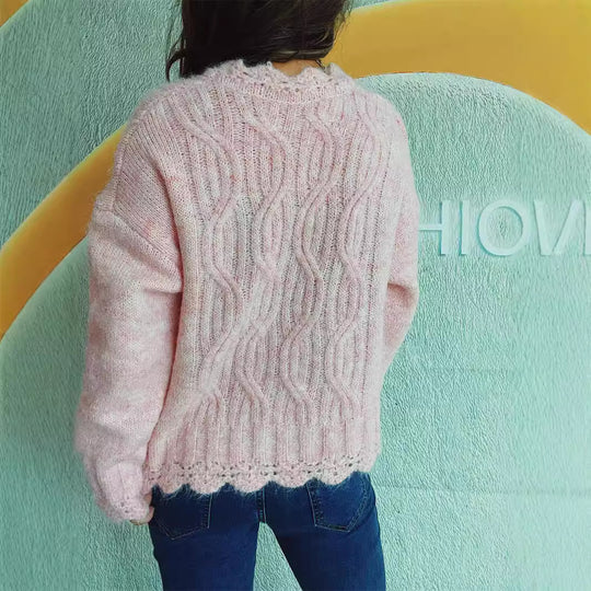 Damen Grobstrickpullover mit romantischem Wellenmuster und volumetrischen Ärmeln Fudus