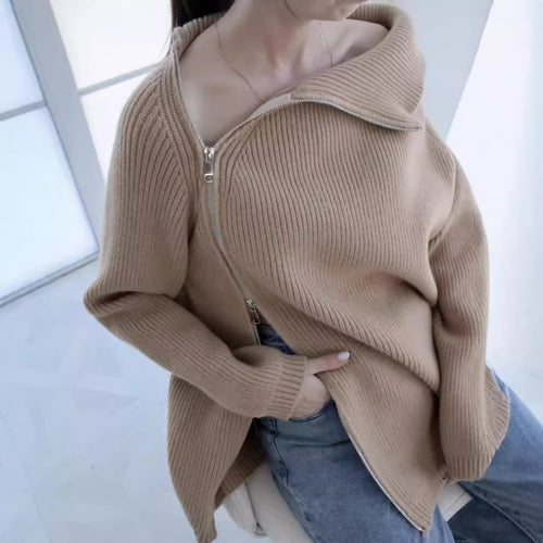 Damen kuscheliger Strickpullover mit asymmetrischem Reißverschluss Fudus