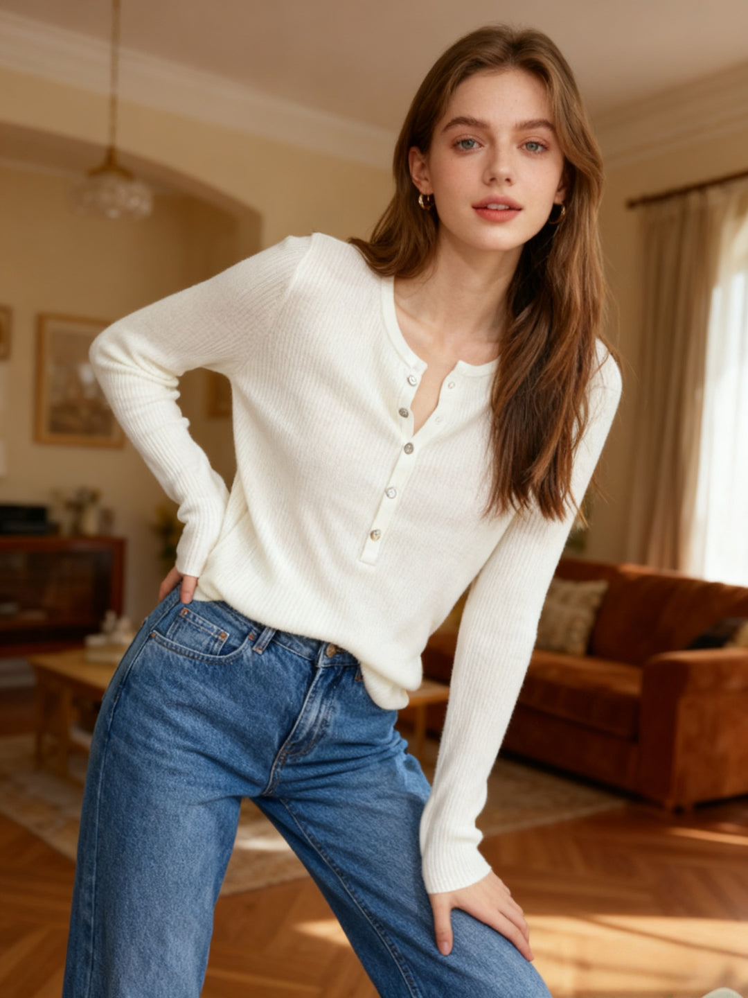 Damen Langarmshirt mit Knopfleiste und Rippstruktur Fudus