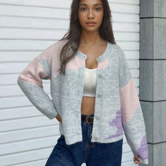 Damen Grobstrick Cardigan mit modernen Farbblockelementen Fudus