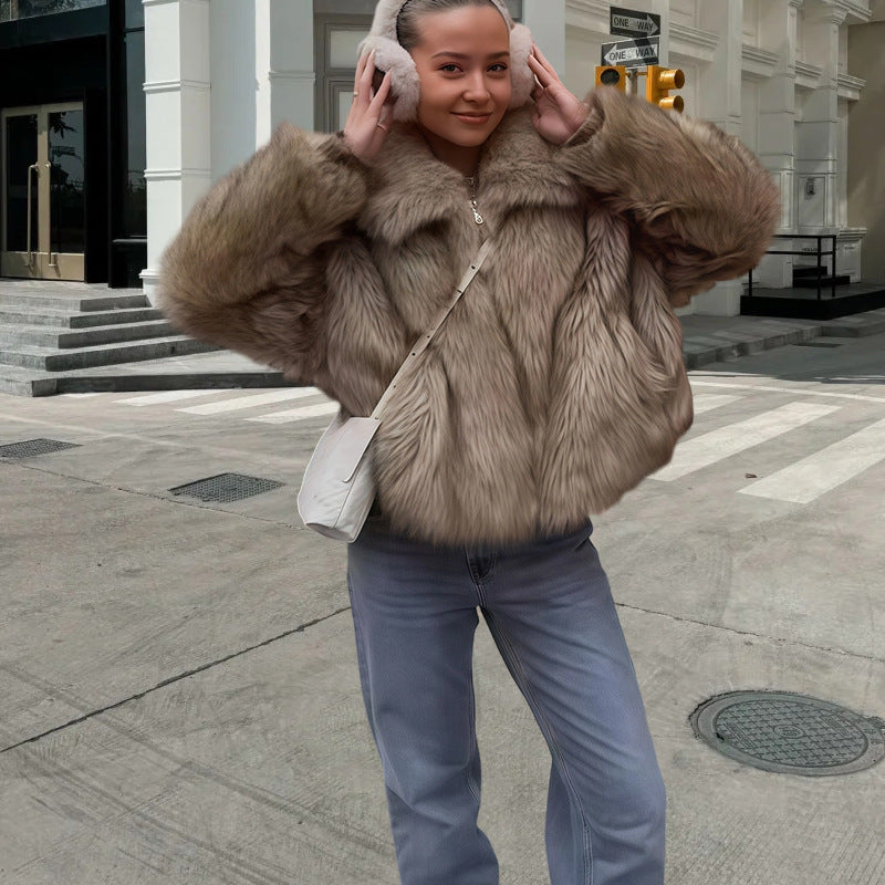 Damen Kunstfelljacke mit voluminösen Ärmeln und elegantem Schnitt Fudus