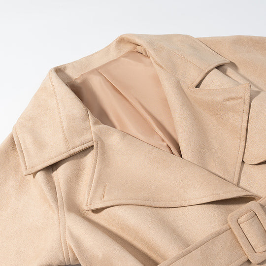 Damen kurze Kunstlederjacke im eleganten Biker-Stil mit breitem Revers und Taillengürtel Fudus