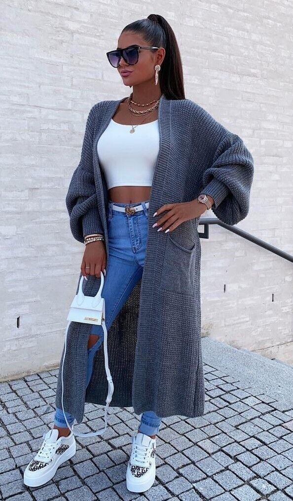 Damen Langstrickjacke mit grober Maschenstruktur und praktischen Taschen Fudus