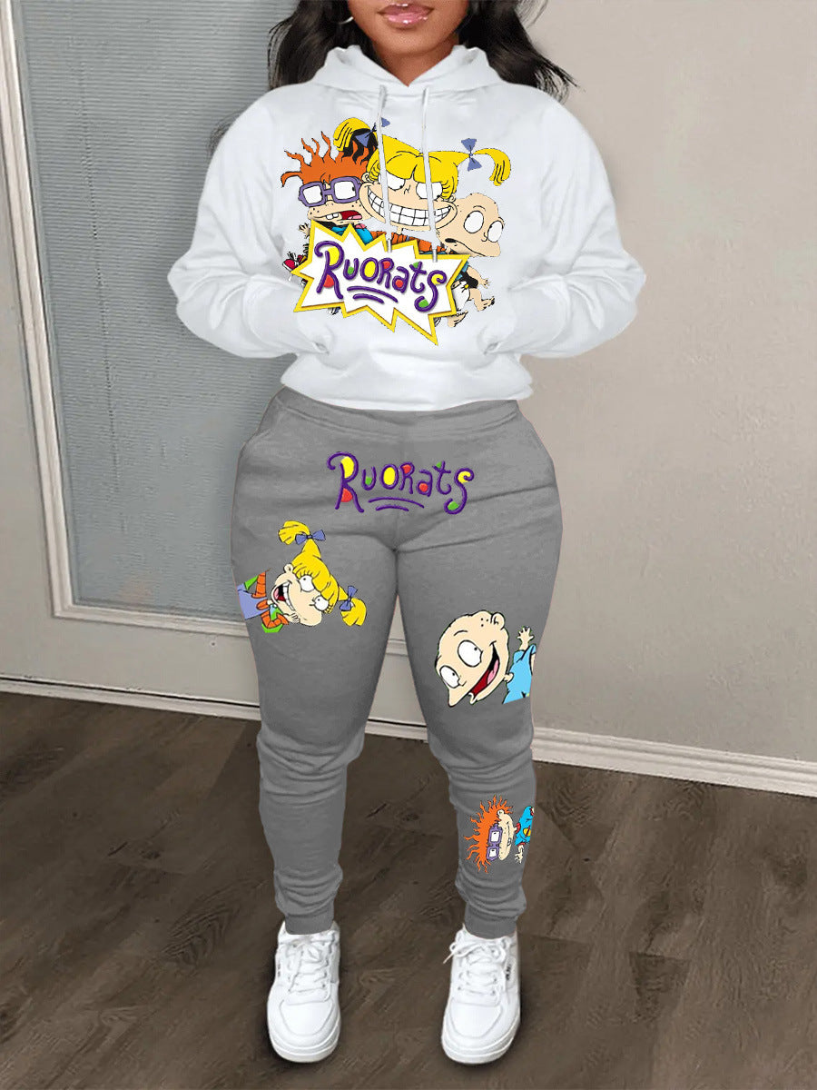 Damen Hoodie und Jogginghose Set mit farbenfrohen Cartoon-Motiven Fudus
