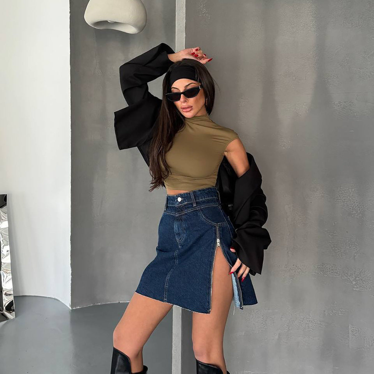 Damen Denim-Minirock mit Seitenschlitz und hohem Bund Fudus