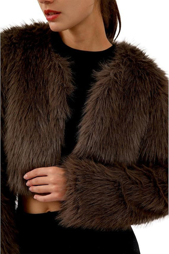 Damen Kurze glamouröse Kunstfelljacke mit lockeren Ärmeln Fudus