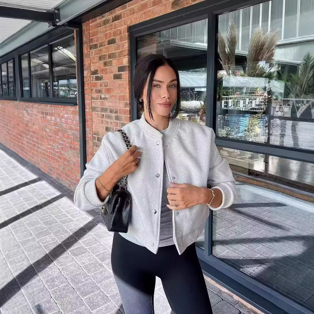 Damen lässige Bomberjacke mit elastischem Saum und praktischen Eingrifftaschen Fudus