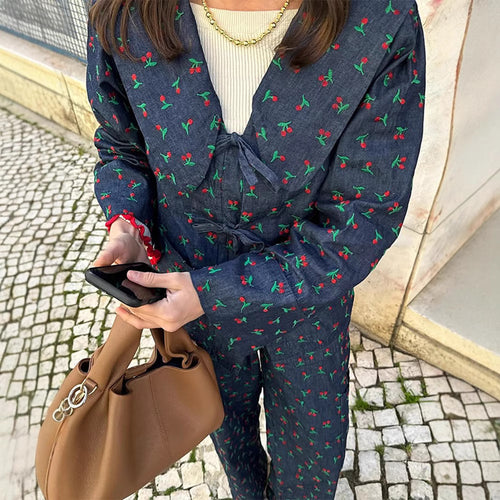 Damen lässige Blumenprint-Longpants mit elastischem Bund und seitlichen Taschen Fudus