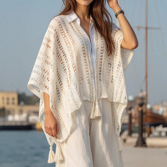 Damen Häkelponcho mit fransigen Säumen Fudus