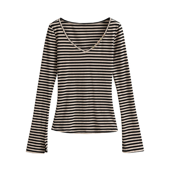 Damen Langarmshirt mit modischem V-Ausschnitt und eleganten Knopfdetails Fudus