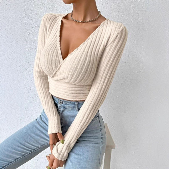 Damen Langarm-Crop-Top mit schmeichelndem Wickeldesign Fudus