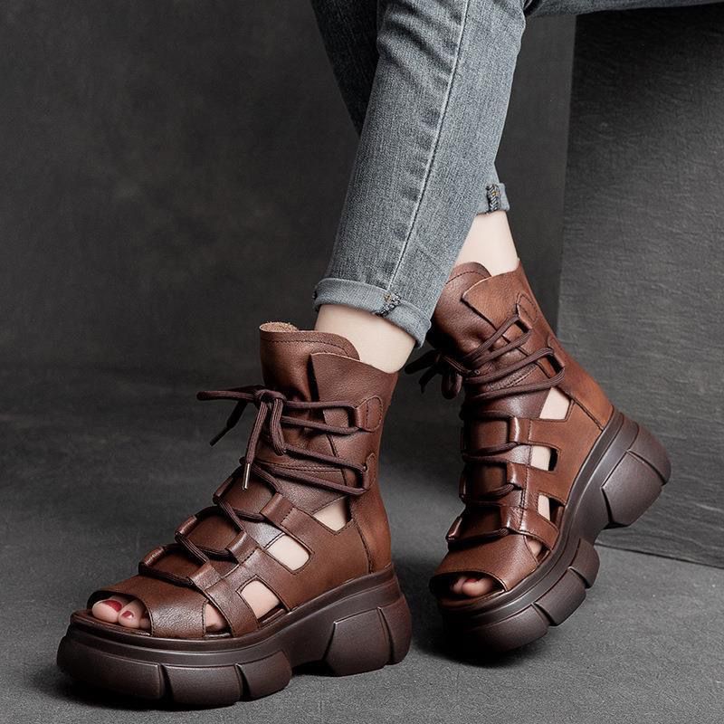 Damen Chunky Sandalen Offene Zehen Sportliches Schnürdesign Leder