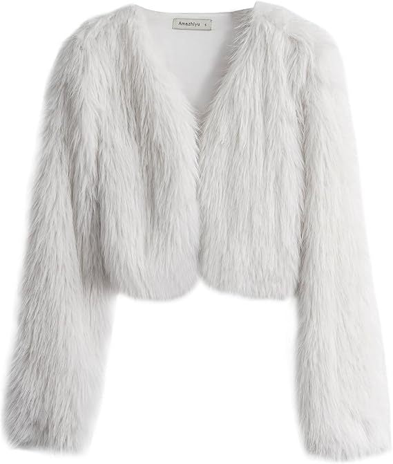 Damen Kurze glamouröse Kunstfelljacke mit lockeren Ärmeln Fudus