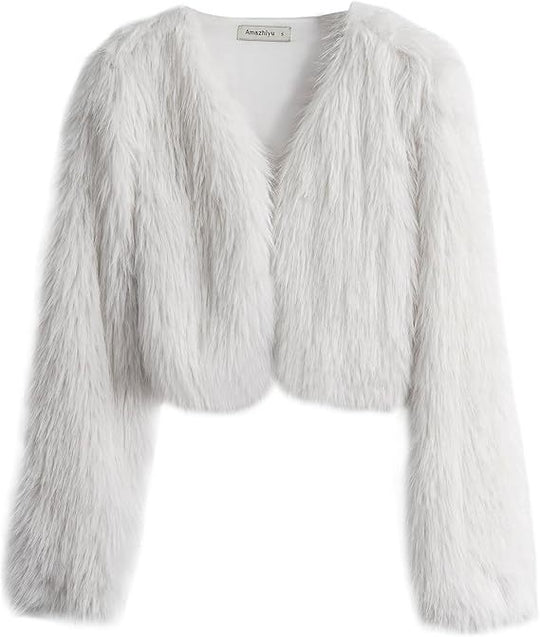 Damen Kurze glamouröse Kunstfelljacke mit lockeren Ärmeln Fudus