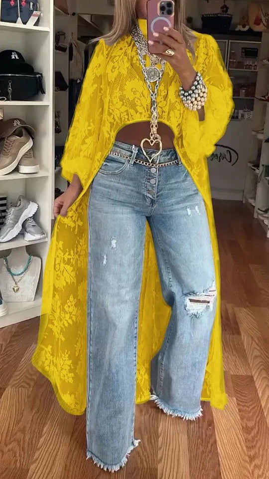 Damen Langer Kaftan mit Spitze und weit geschnittenen Ärmeln Fudus