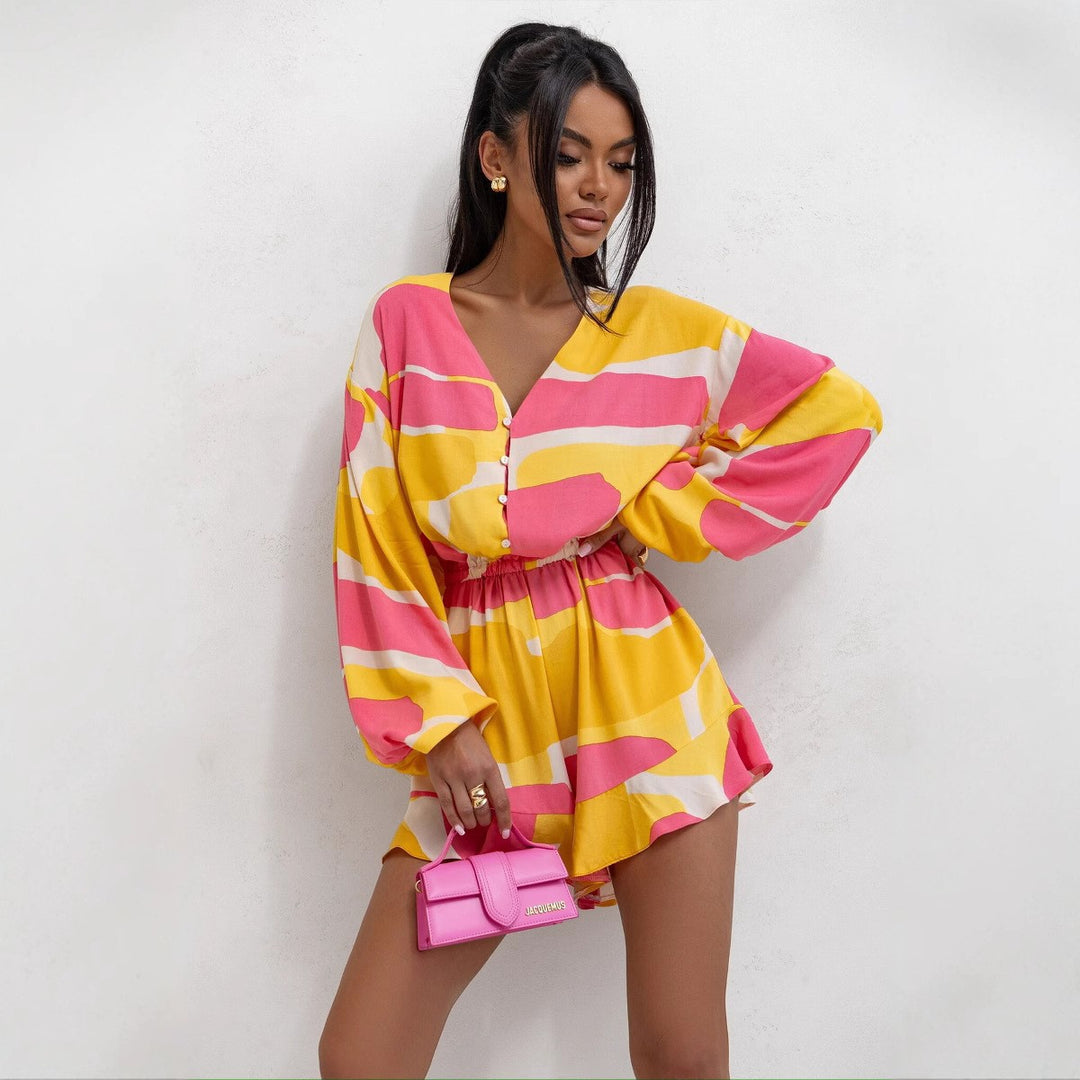 Damen Kurze Bluse mit Rüschen und floralem Design Fudus