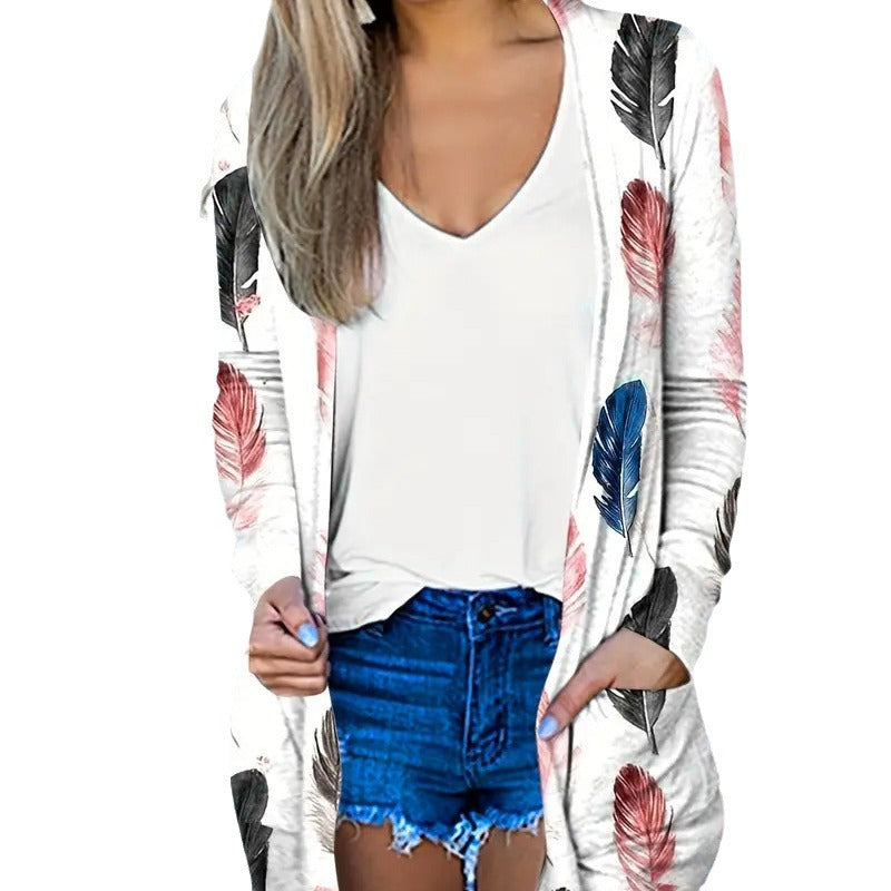 Damen Langer Cardigan mit floralem Muster und praktischen Taschen Fudus