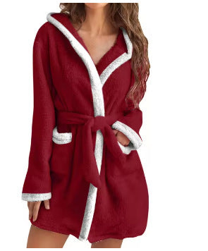 Damen Kuscheliger Fleece-Bademantel mit Kapuze und praktischen Taschen Fudus