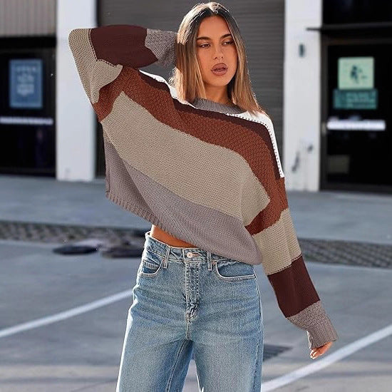 Damen kuscheliger Strickpullover mit modernem Farbblock-Design Fudus