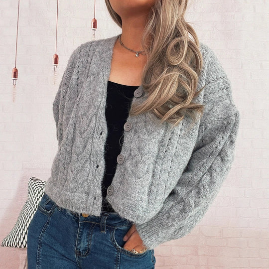 Damen kuschelige Strickjacke mit Zopfmuster und V-Ausschnitt Fudus