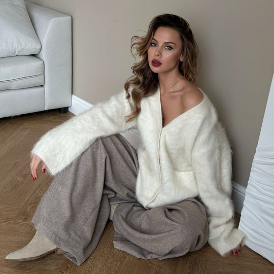 Damen kuschelige Strickjacke mit oversize Schnitt und Knopfleiste Fudus