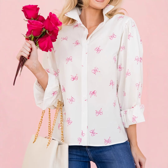 Damen Hemdbluse mit verspieltem Schleifenmuster Fudus