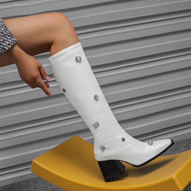 Damen Overknee Stiefel mit Schlangenlederoptik und blockfachem Absatz Fudus