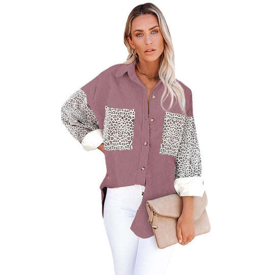 Damen Lässige Hemdbluse mit Tiermotiv und gemusterten Ärmeln Fudus