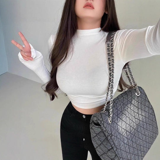 Damen Langarm-Crop-Top mit strukturiertem Rippdesign Fudus