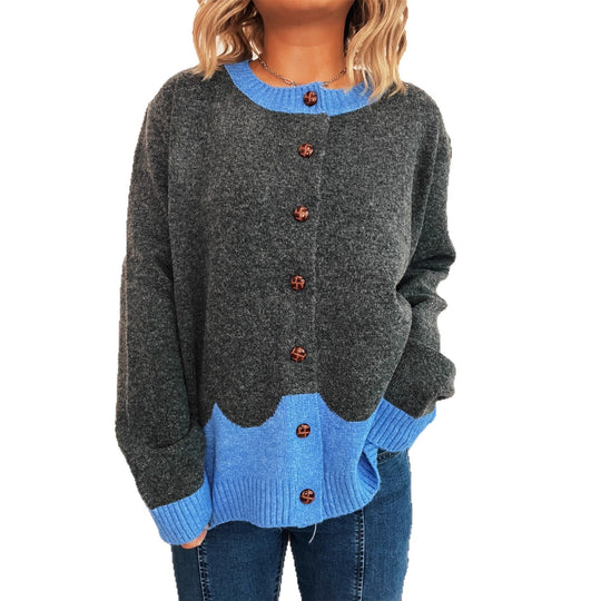 Damen lässige Strickjacke mit buntem Kontrast und eleganten Knopfdetails Fudus