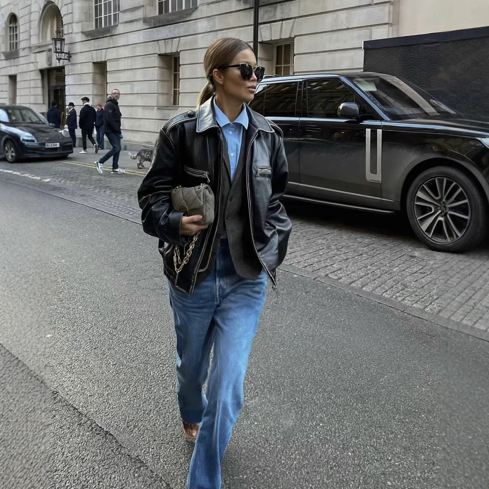 Damen lässige Lederjacke mit elastischem Saum Fudus