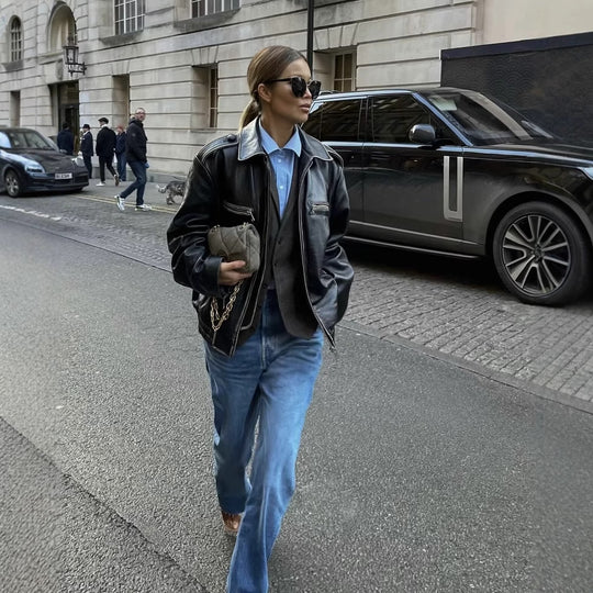 Damen lässige Lederjacke mit elastischem Saum Fudus