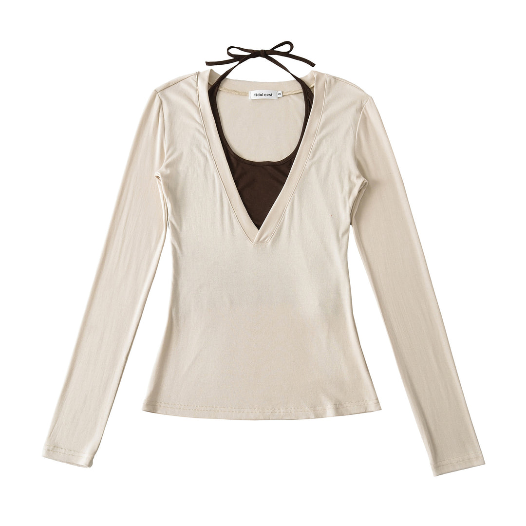 Damen langärmliges Oberteil mit tiefem V-Ausschnitt und Schleifenverzierung Fudus
