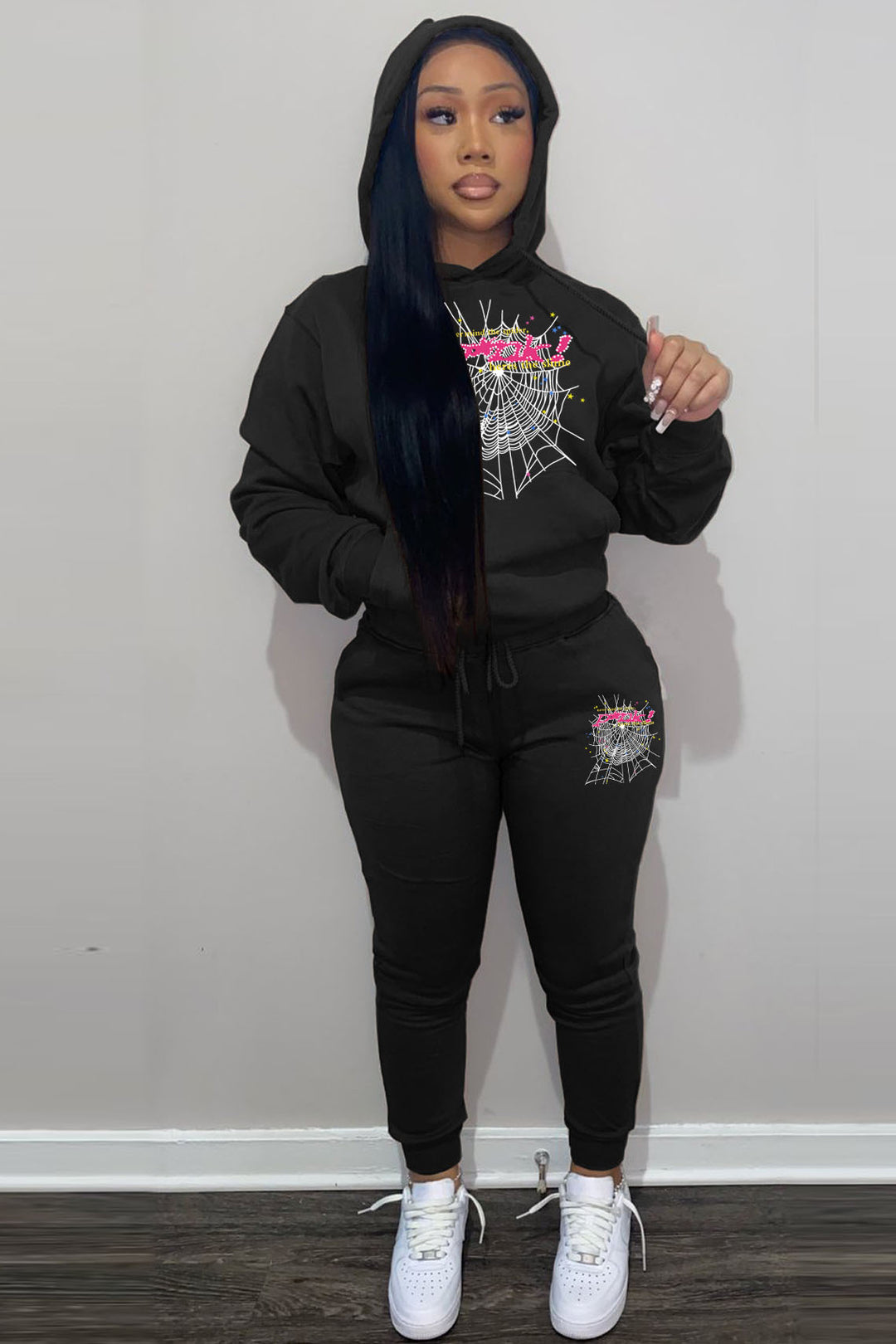 Damen Hoodie und Jogginghose Set mit einzigartigem Spinnennetz-Design Fudus