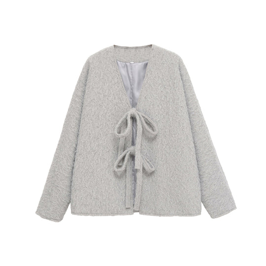 Damen kuschelige Strickjacke mit Krawatte Fudus