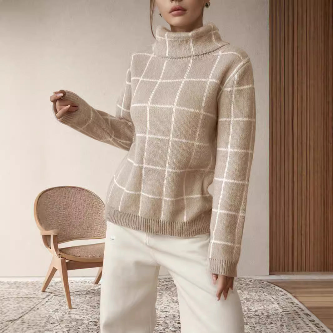 Damen Grobstrickpullover mit modernem Karomuster und hohem Kragen Fudus