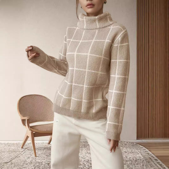 Damen Grobstrickpullover mit modernem Karomuster und hohem Kragen Fudus