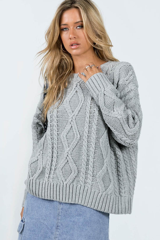 Damen Grobstrickpullover mit voluminösen Ärmeln und klassischem Zopfmuster Fudus