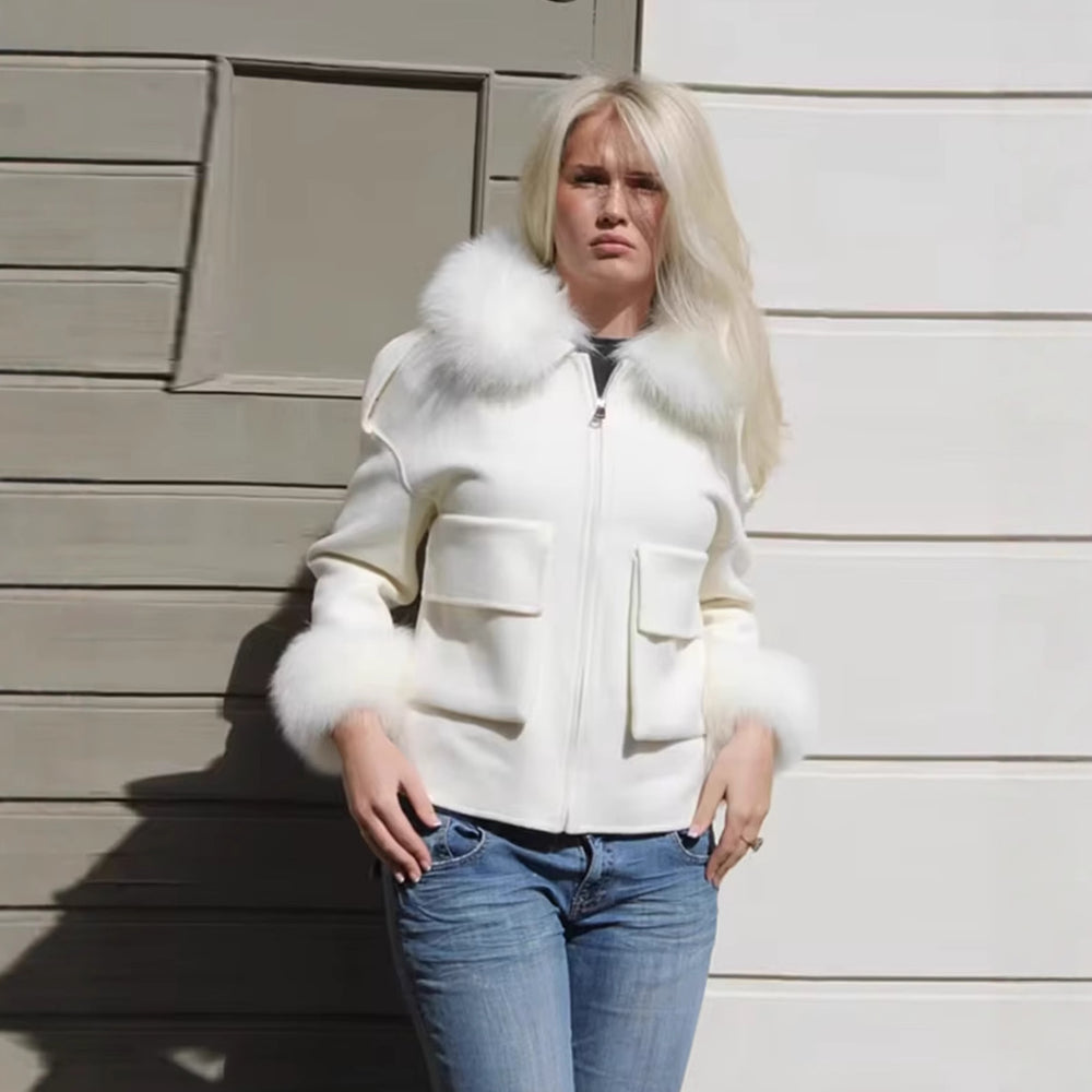 Damen Kunstfelljacke mit Pelzkragen und praktischen Taschen Fudus