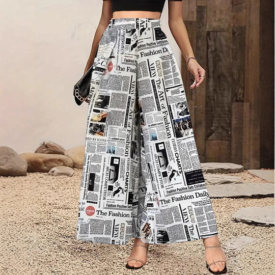 Damen Langer Plissierter Rock mit modischem Zeitungsdruck Fudus