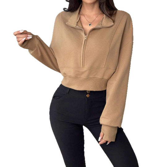 Damen Kurzarm-Sweatshirt mit hohem Kragen und Reißverschluss Fudus