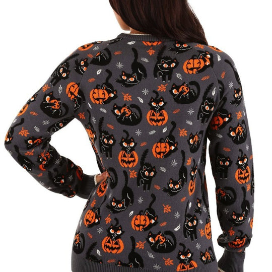 Damen Halloween-Pullover mit Katzen- und Kürbismotiven Fudus