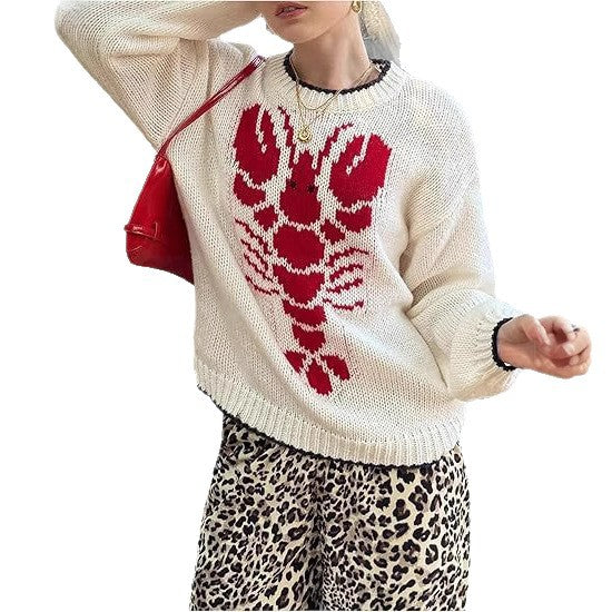Damen Grobstrickpullover mit maritimem Hummer-Motiv Fudus